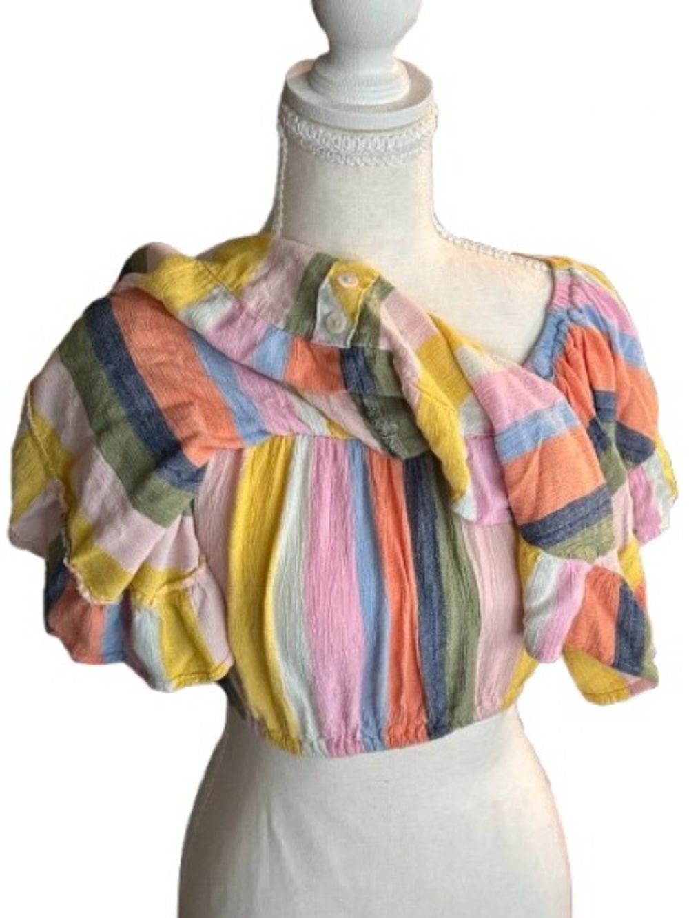Crop Angie Pastel Rainbow StripeTop Shirt Large Boho Cropped Ruffle Beach Beachy - Picture 9 of 11